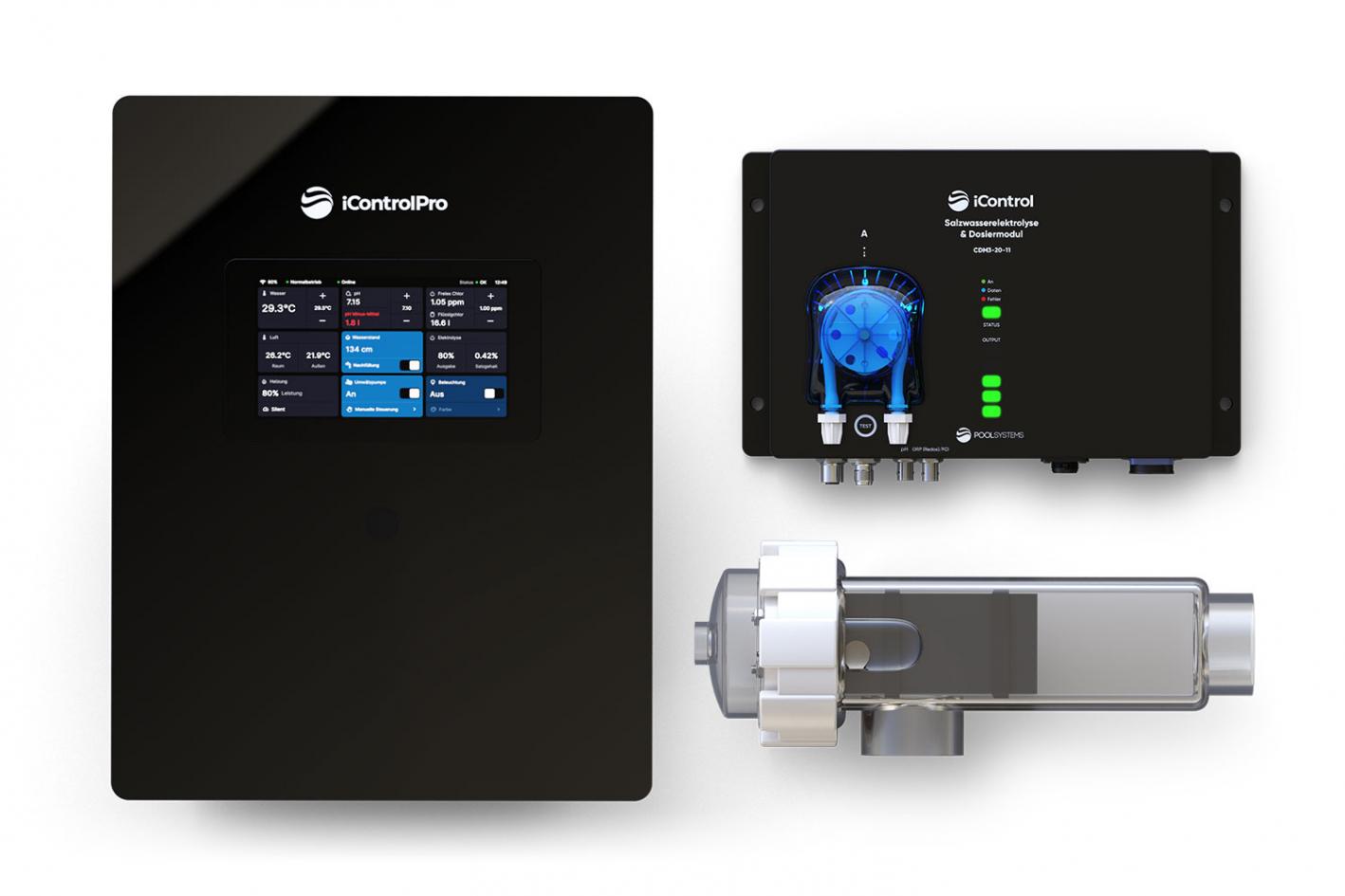 Pool-Salzwasserelektrolyse iControlPro Touch Salt mit intelligenter Poolsteuerung und optionaler pH-Regulierung, inkl. Stromverteiler Elektrolyse mit 3g/l Salzgehalt - Classic Salt