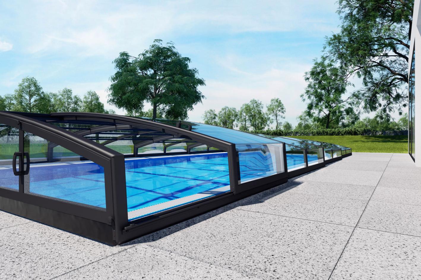 Pool Komplettset Bay mit Skimmer-Schwimmbecken und optionaler Poolüberdachung / elektrischem Rollo Poolgröße 3,5 x 8,0m | Überdachung Liberty - ohne Schienen 4.0x8.5m