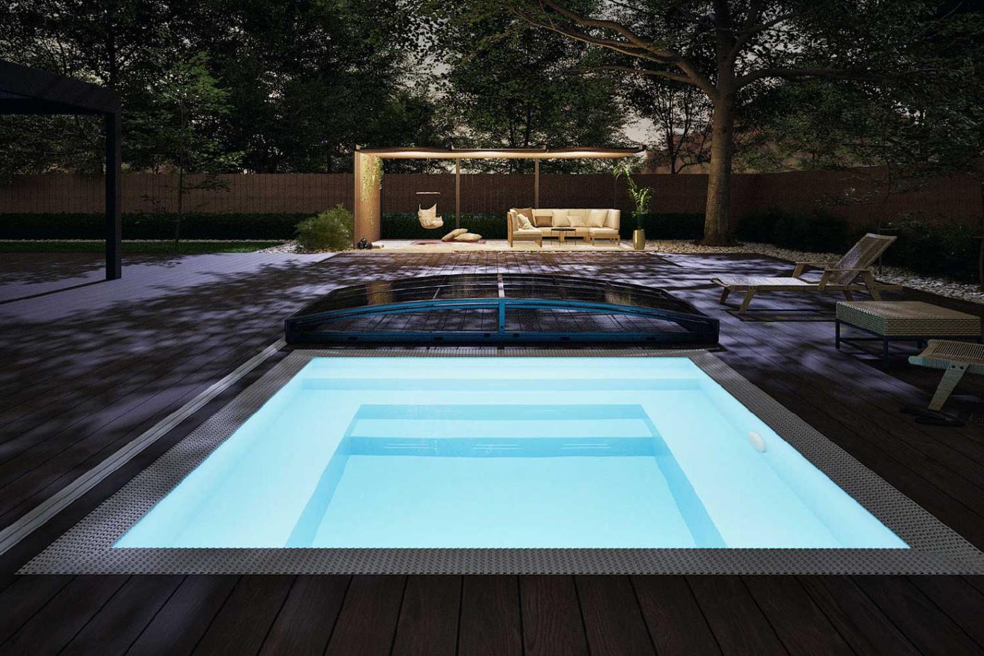 Mini Pool Infinity® Bay 3,0 x 3,0m - quadratischer Überlauf Loungepool mit optionaler Poolüberdachung / elektrischem Rollo