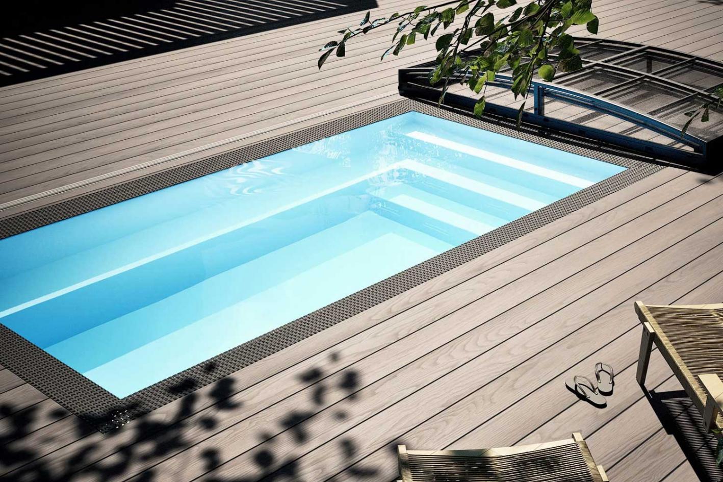 Minipool Infinity® Bay 2,25 x 3,75m - rechteckiger Überlauf Loungepool mit optionaler Poolüberdachung / elektrischem Rollo