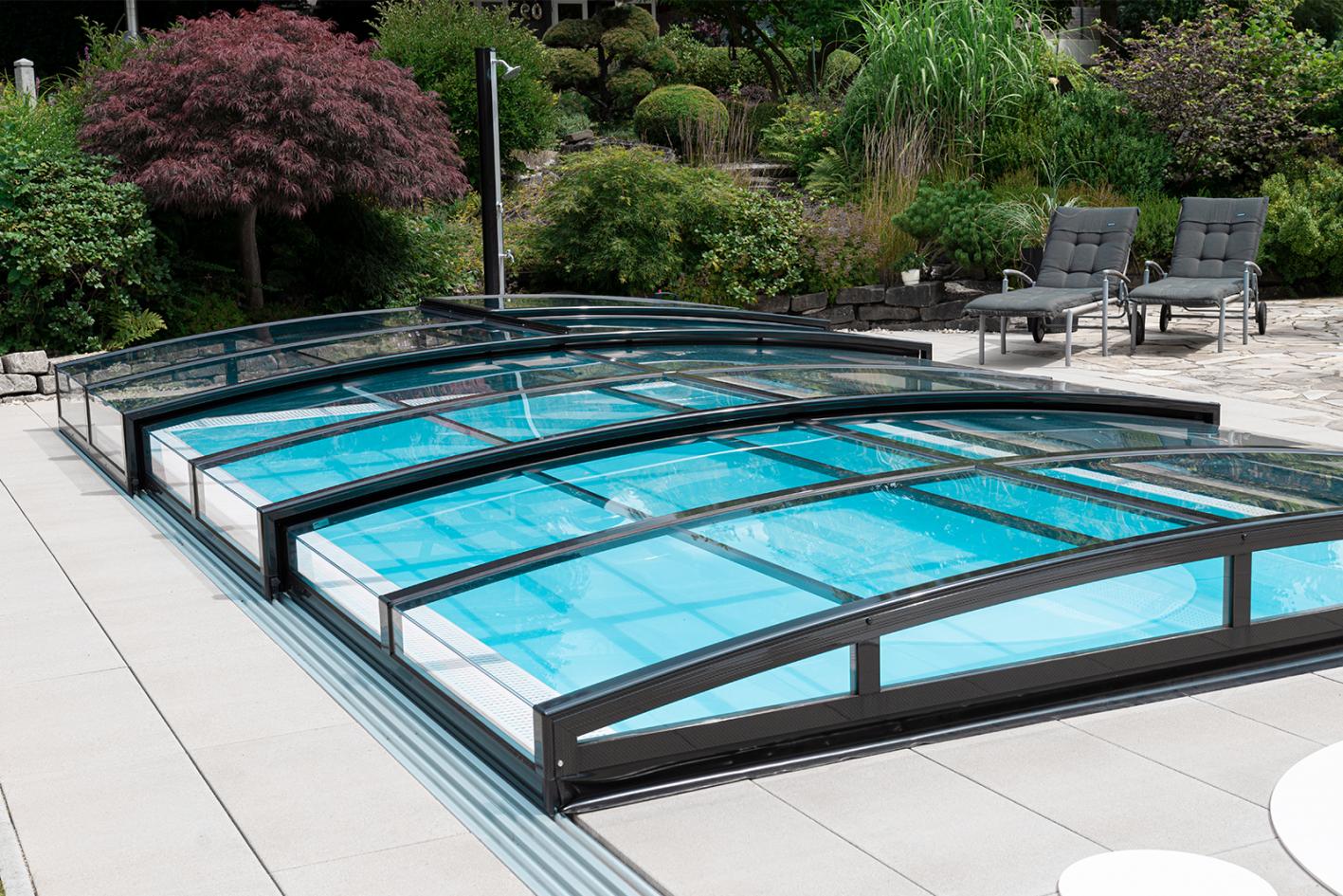 Pool Komplettset Premium ONE® mit Skimmer-Fertigpool und optional elektrischem Rollo / Poolabdeckung Poolgröße 3,0 x 6,0m | Überdachung Liberty 3.5x6.3m