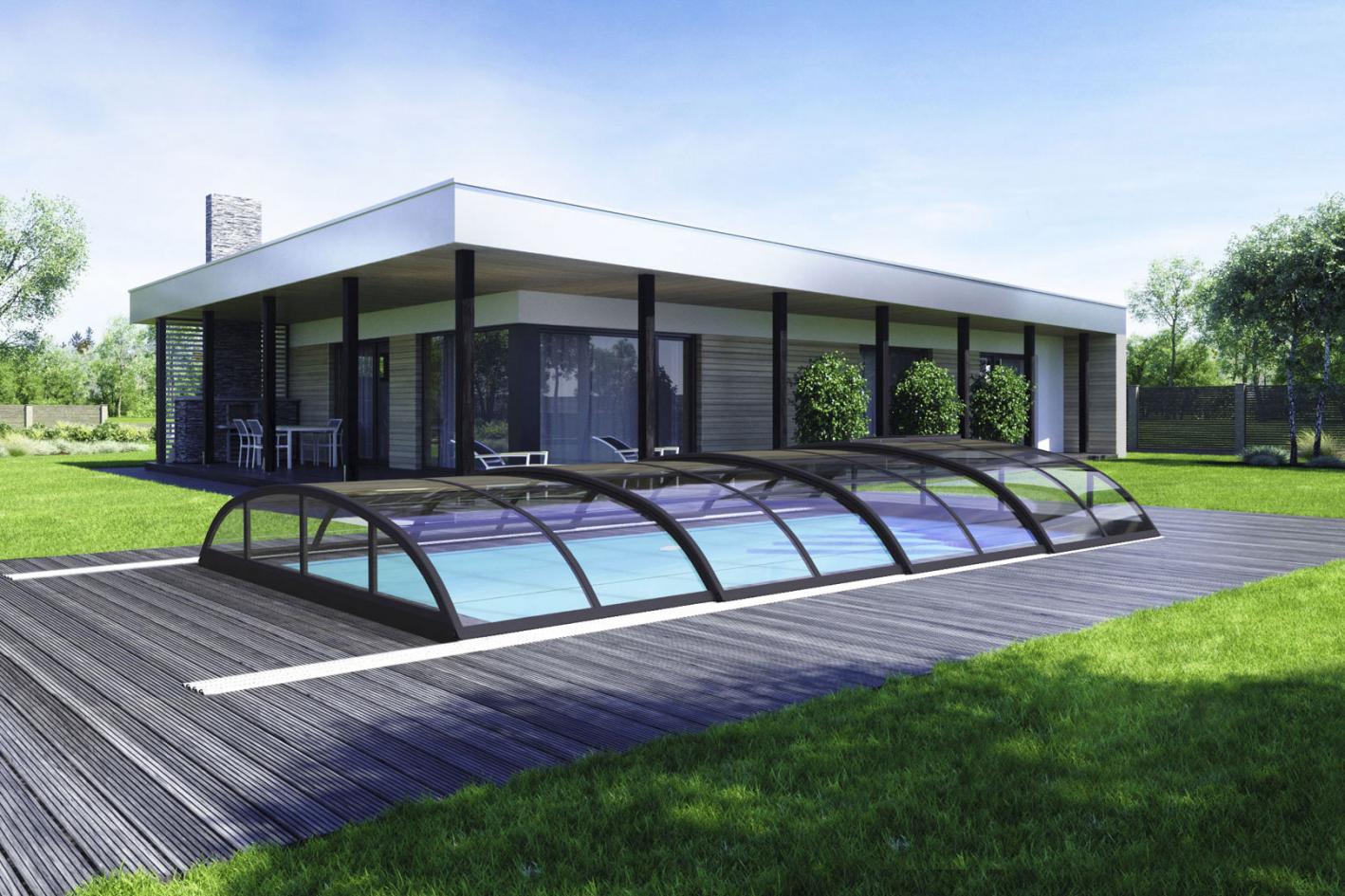 Edelstahlpool Komplettset Infinity® Eternity mit Überlauf-Fertigpool und optional elektrischem Rollo / Poolabdeckung Poolgröße 3,0 x 8,0m | Überdachung Solid Clear 4.2x8.5m