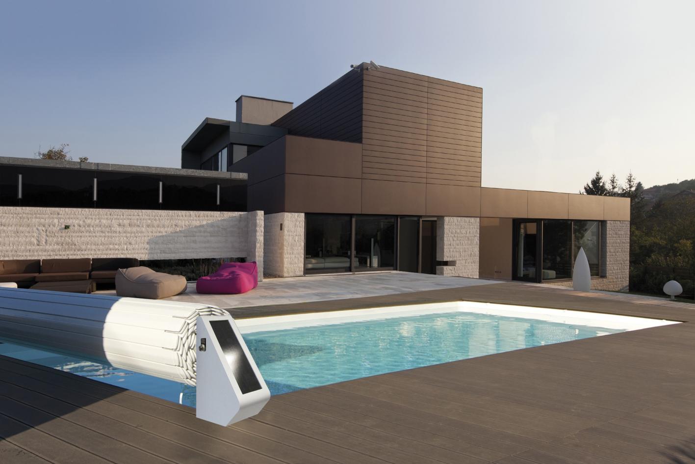 Pool Komplettset Premium ONE® mit Skimmer-Fertigpool und optional elektrischem Rollo / Poolabdeckung Poolgröße 4,0 x 12,0m | Oberflurrolladen - Offen