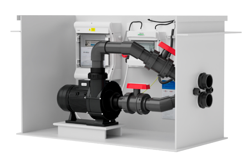 Pool-Technikschacht Jet mit Gegenstromanlage und Zeitschaltuhr inkl. Piezo-Steuerung Gegenstromanlage Elegance 80m³, 400V