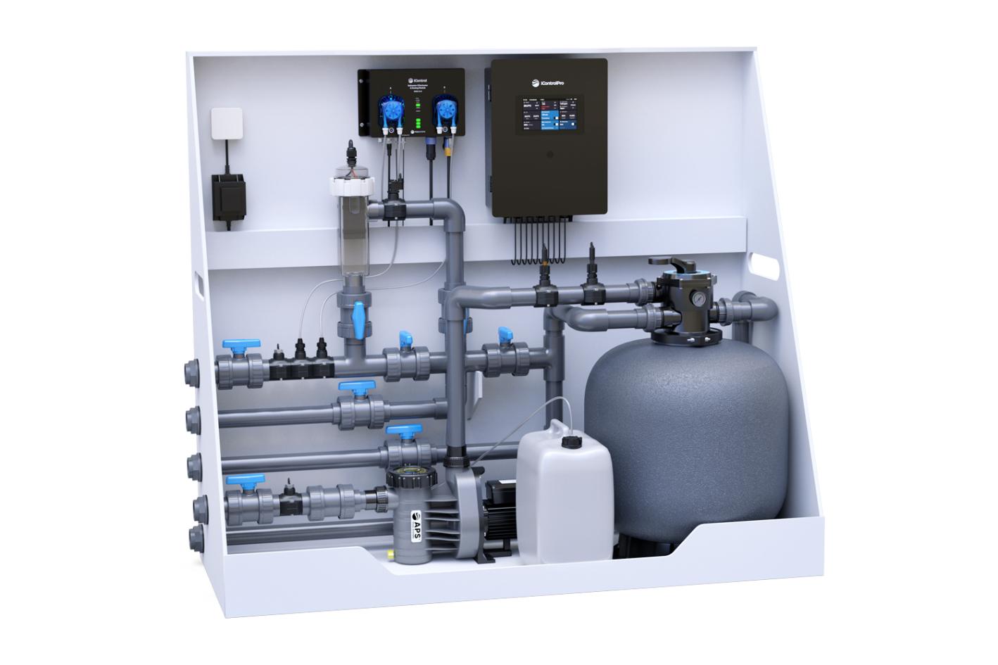Pool-Technikwand iControlPro Salt | intelligente Poolsteuerung mit Salzwasserelektrolyse, Sandfilteranlage und optionaler Gegenstromanlage Pool-Technikwand iControlPro Salt - ohne Gegenstromanlage