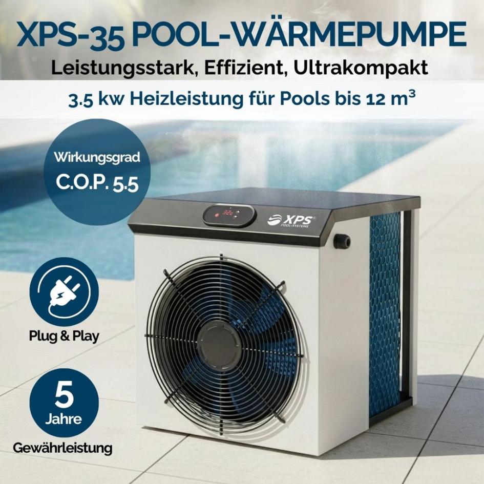 Pool-Heizung XPSmini® für Planschbecken, Aufstellbecken, Stahlwandpool und Whirlpool bis 7kW mit COP 7 Pool-Heizung XPS-35, 3,5kW, COP5,5, bis zu 12m³