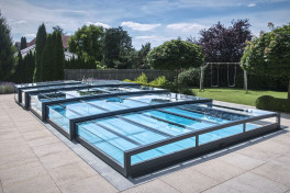 Pool Komplettset Infinity® ONE mit Überlauf-Fertigpool und optional elektrischem Rolladen / Poolabdeckung  Poolgröße 3,2 x 7,0m | Überdachung Pure 4.1x8.5m