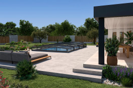 Edelstahlpool Komplettset Eternity® mit Skimmer-Fertigpool und optional elektrischem Rollo / Poolabdeckung  Poolgröße 3,0 x 6,0m | Überdachung Liberty schienenlos 3.5x6.3m