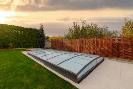 Edelstahlpool Komplettset Eternity® mit Skimmer-Fertigpool und optional elektrischem Rollo / Poolabdeckung  Poolgröße 4,0 x 8,0m | Überdachung Neo 4.0x8.5m