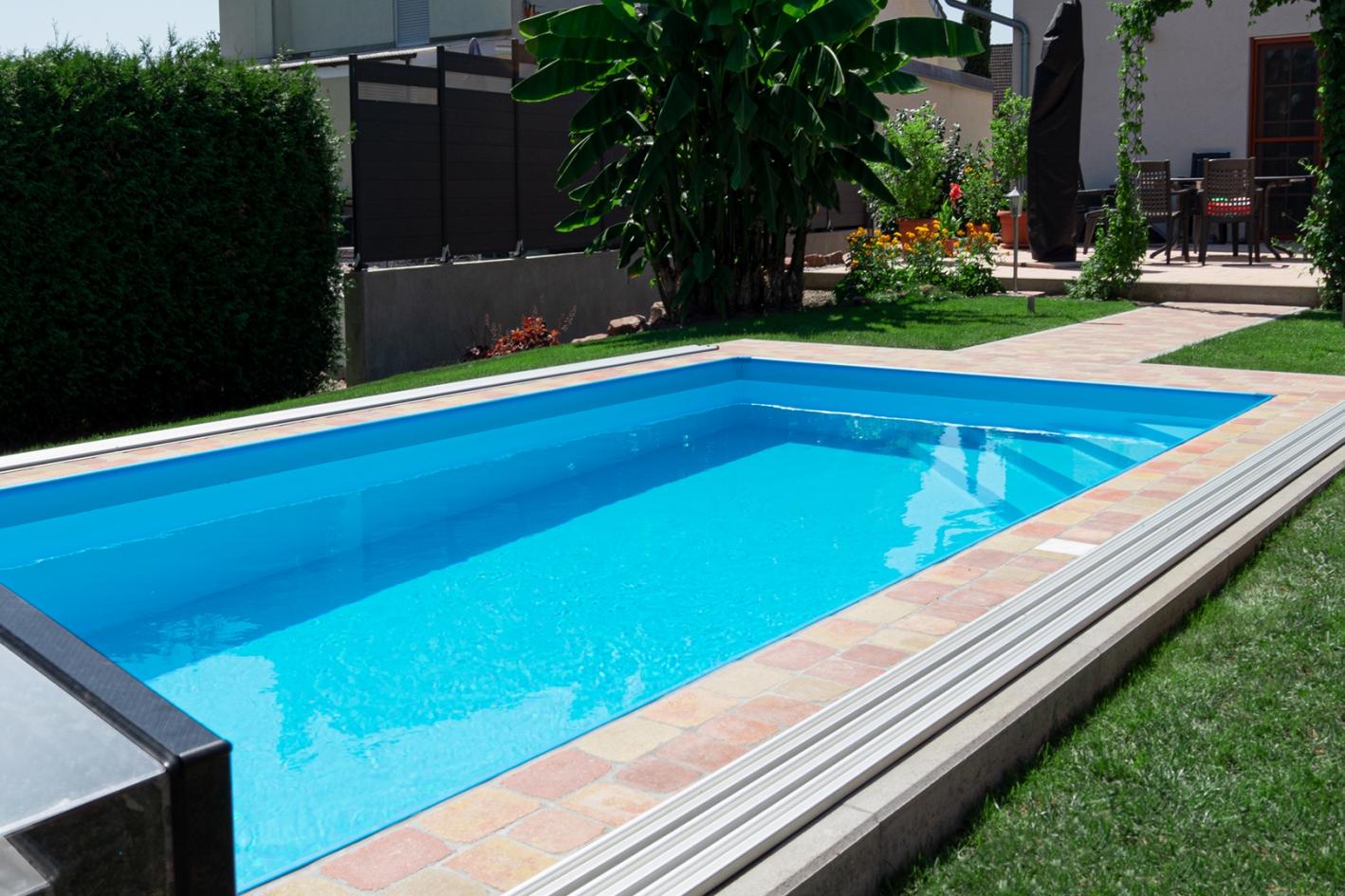 Pool Komplettset Premium ONE® mit Skimmer-Fertigpool und optional elektrischem Rollo / Poolabdeckung Poolgröße 3,7 x 8,0m | ohne Abdeckung