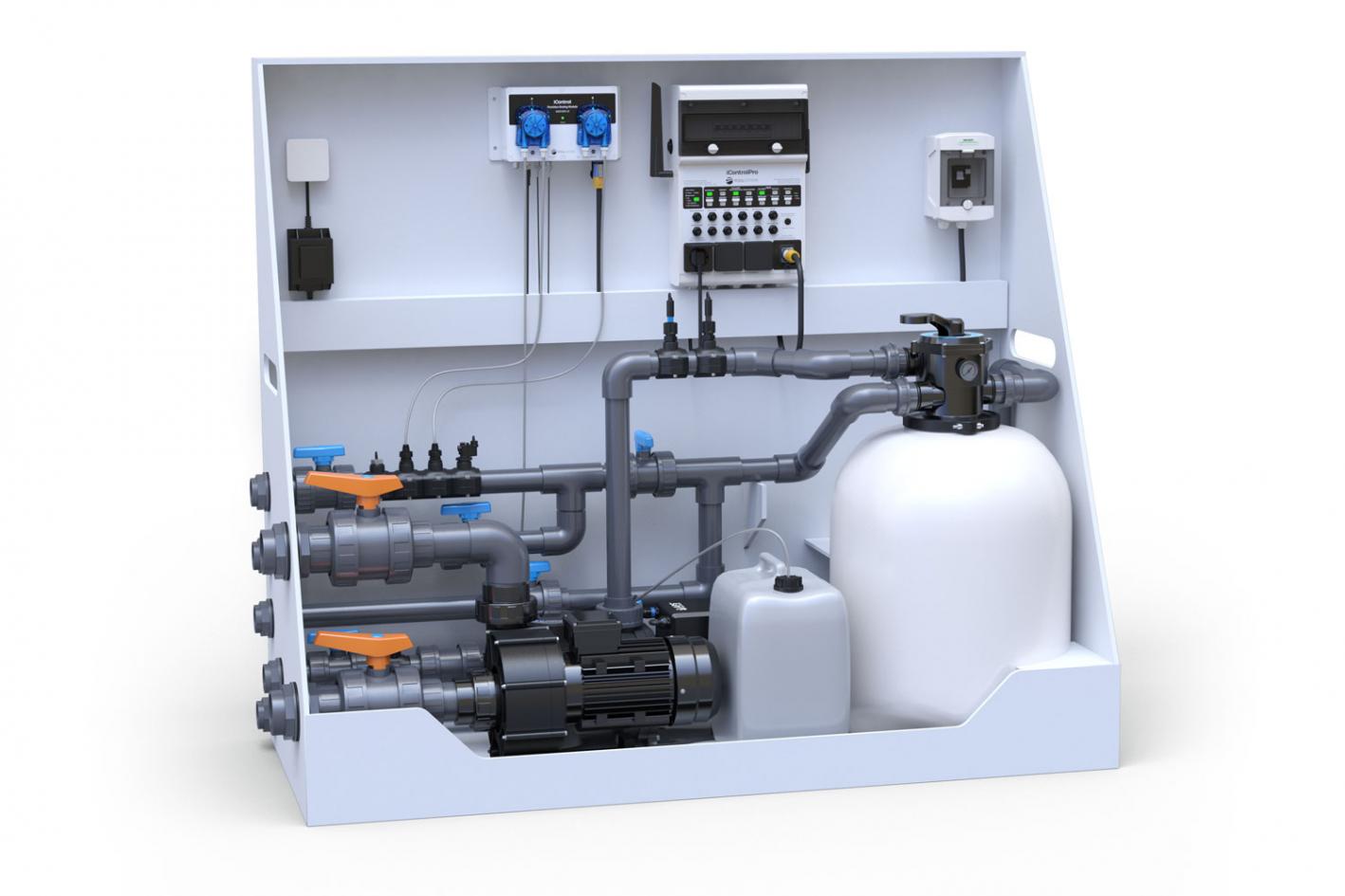 Pool-Technikwand iControlPro Chlor | intelligente Poolsteuerung mit Chlordosierung, Sandfilteranlage und optionaler Gegenstromanlage Pool-Technikwand iControlPro Chlor Plus - mit Gegenstromanlage
