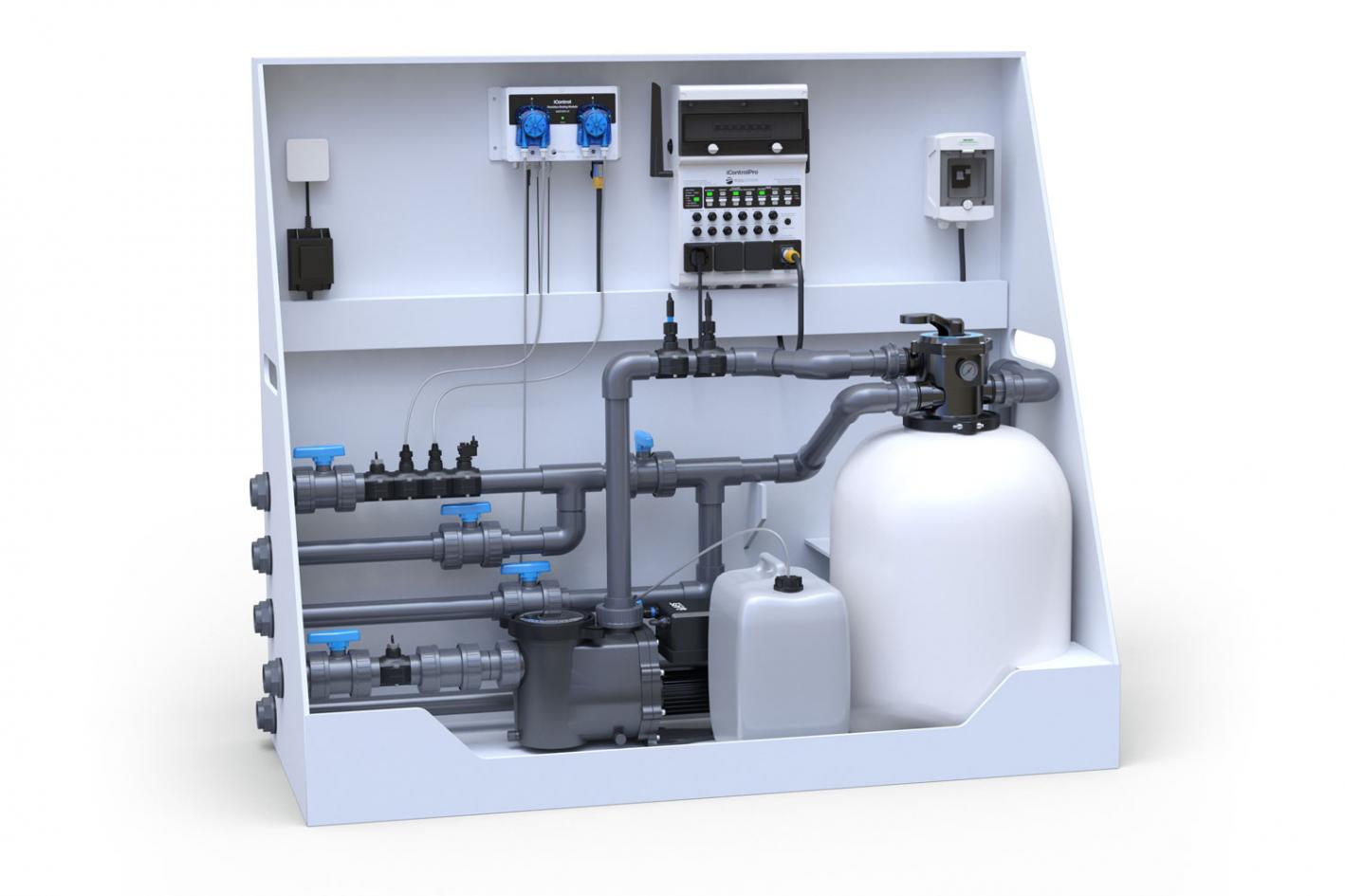 Pool-Technikwand iControlPro Chlor | intelligente Poolsteuerung mit Chlordosierung, Sandfilteranlage und optionaler Gegenstromanlage