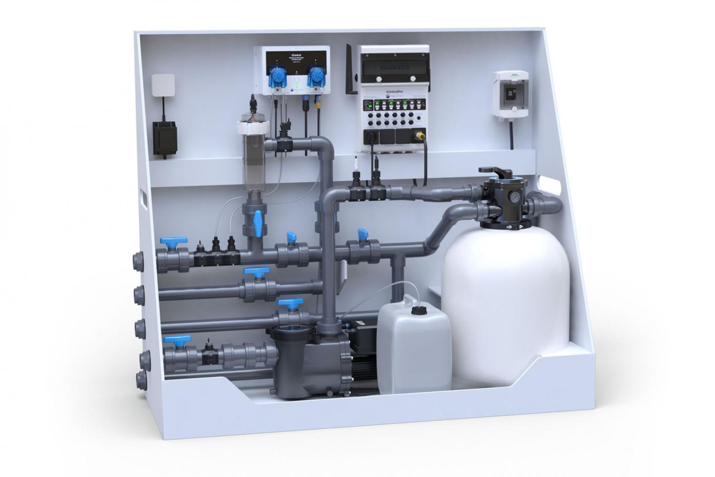 Pool-Technikwand iControlPro Salt | intelligente Poolsteuerung mit Salzwasserelektrolyse, Sandfilteranlage und optionaler Gegenstromanlage Pool-Technikwand iControlPro Salt - ohne Gegenstromanlage