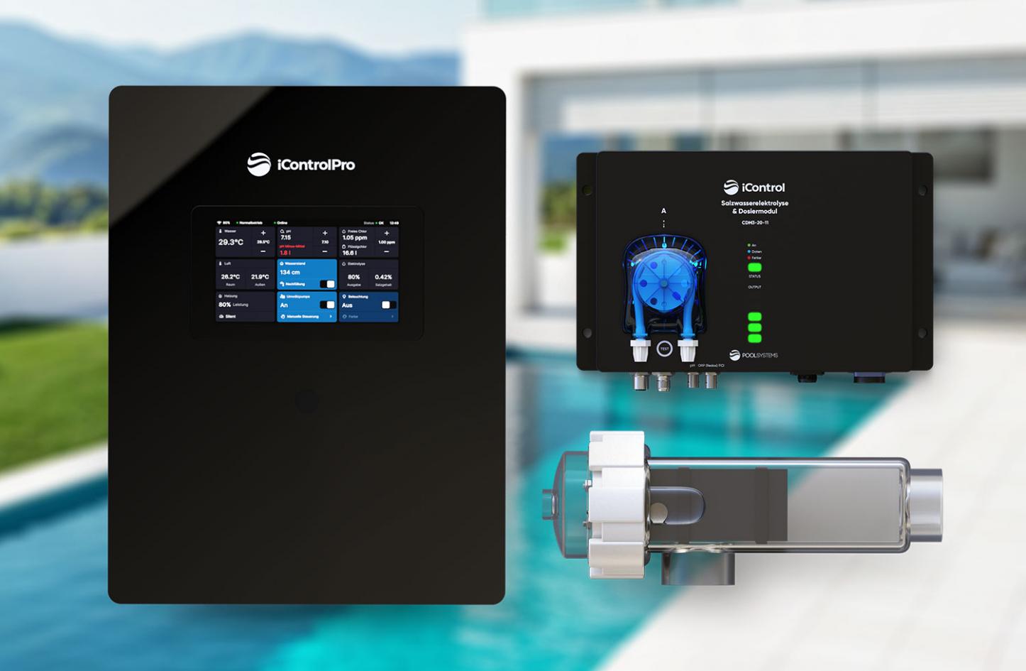 Pool-Salzwasserelektrolyse iControlPro Touch Salt mit intelligenter Poolsteuerung und optionaler pH-Regulierung, inkl. Stromverteiler Hydrolyse mit 1,5g/l Salzgehalt - Low Salt