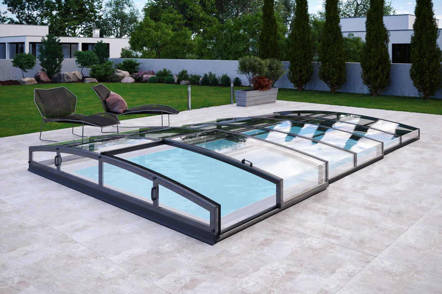 Pool Komplettset Infinity® ONE mit Überlauf-Fertigpool und optional elektrischem Rolladen / Poolabdeckung Poolgröße 3,2 x 7,0m | Überdachung Liberty - ohne Schienen 4.0x8.5m