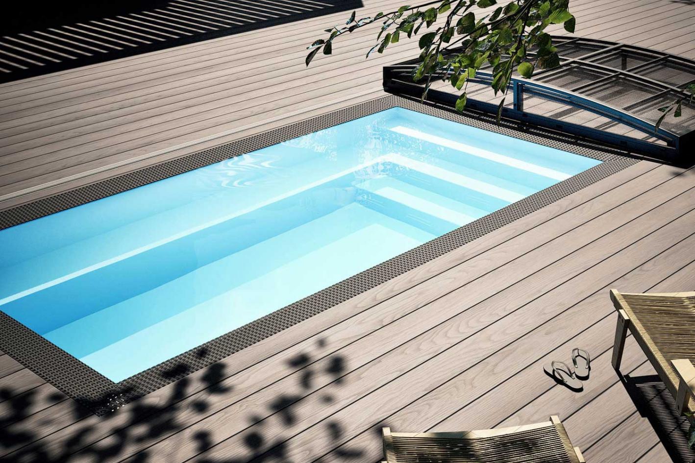 Mini Pool Infinity® Bay 3,0 x 3,0m - quadratischer Überlauf Loungepool mit optionaler Poolüberdachung / elektrischem Rollo