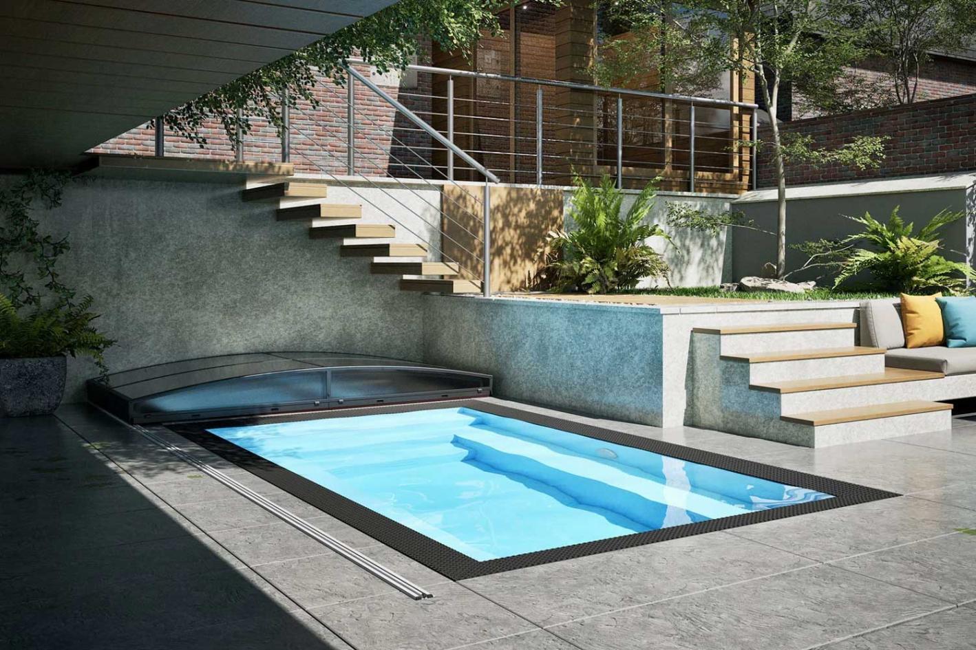 Minipool Infinity® Bay 2,25 x 3,75m - rechteckiger Überlauf Loungepool mit optionaler Poolüberdachung / elektrischem Rollo ohne Abdeckung