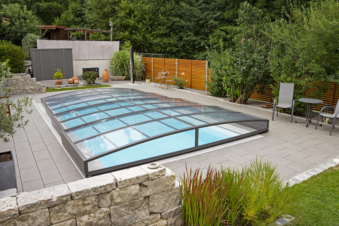 Mini Keramik Pool-Komplettset Cera Bay Cuby als Skimmer oder Überlauf Pool Skimmer Pool 4.00 x 2.16 x 1.00m | Überdachung Neo Clear 3.5x4.2m