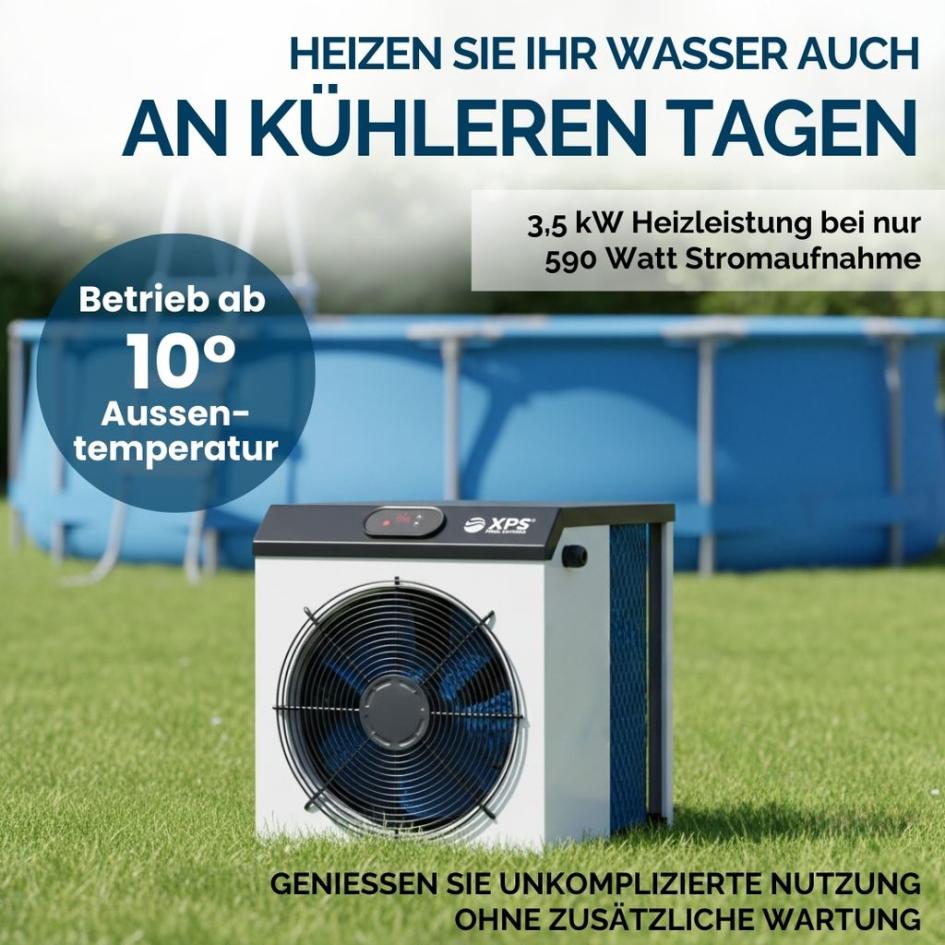 Pool-Wärmepumpe XPSmini® für Planschbecken, Aufstellbecken, Stahlwandpool und Whirlpool bis 6kW mit COP 7 Pool-Wärmepumpe XPS-35, 3,5kW, COP5,5, bis zu 12m³