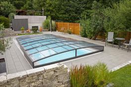 Edelstahlpool Komplettset Infinity® Eternity mit Überlauf-Fertigpool und optional elektrischem Rollo / Poolabdeckung Poolgröße 3,0 x 8,0m | Überdachung Neo Clear 4.0x8.5m