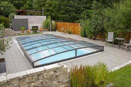 Mini Keramik Pool-Komplettset Cera Bay Cuby als Skimmer oder Überlauf Pool Skimmer Pool 4.00 x 2.16 x 1.30m | Überdachung Neo Clear 3.5x4.2m