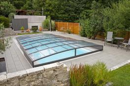 Minipool Infinity® Bay 2,25 x 3,75m - rechteckiger Überlauf Loungepool mit optionaler Poolüberdachung / elektrischem Rollo Überdachung Neo Clear 3.5x4.2m