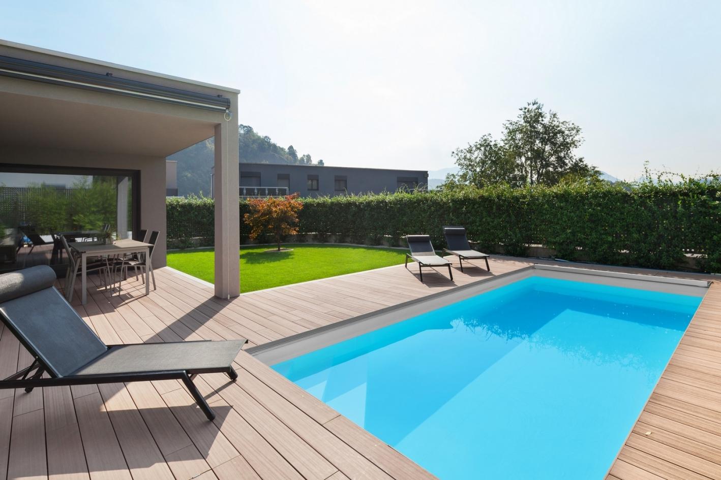 Pool Komplettset Premium ONE® mit Skimmer-Fertigpool und optional elektrischem Rollo / Poolabdeckung Poolgröße 3,7 x 8,0m | ohne Abdeckung