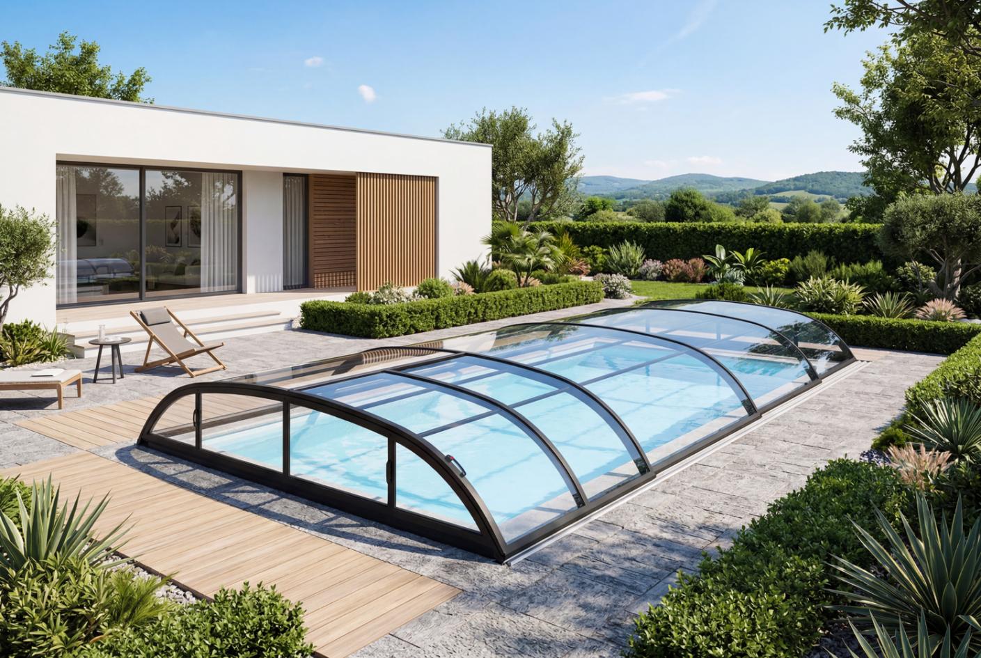 Pool-Überdachung / Poolabdeckung SkyCover® Harmony Pool-Überdachung Harmony 4.7x8.5m | Premium-Verglasung: Klarglasoptik ohne Querstreben