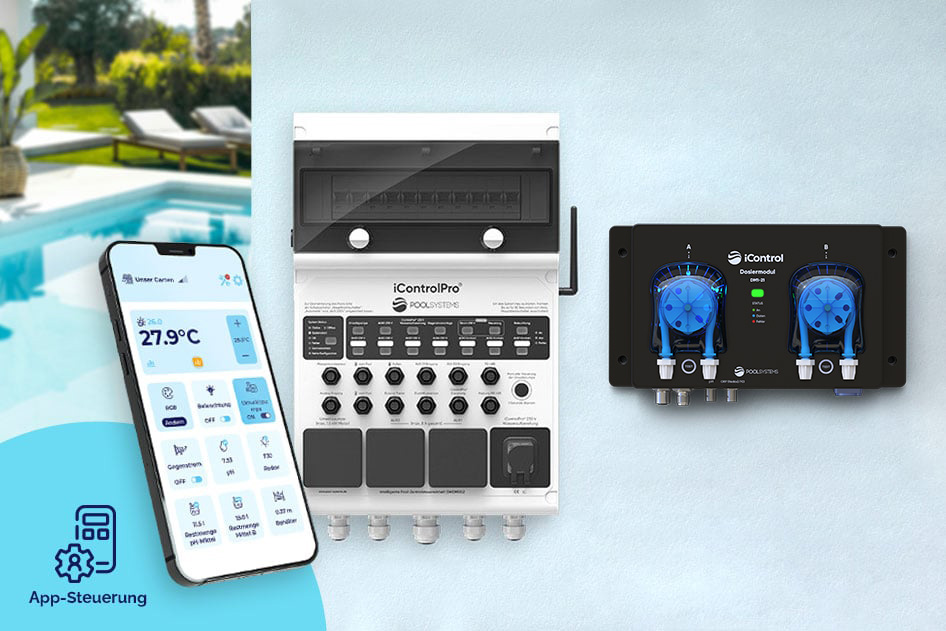 Pool-Technikwand iControlPro Chlor | intelligente Poolsteuerung mit Chlordosierung, Sandfilteranlage und optionaler Gegenstromanlage