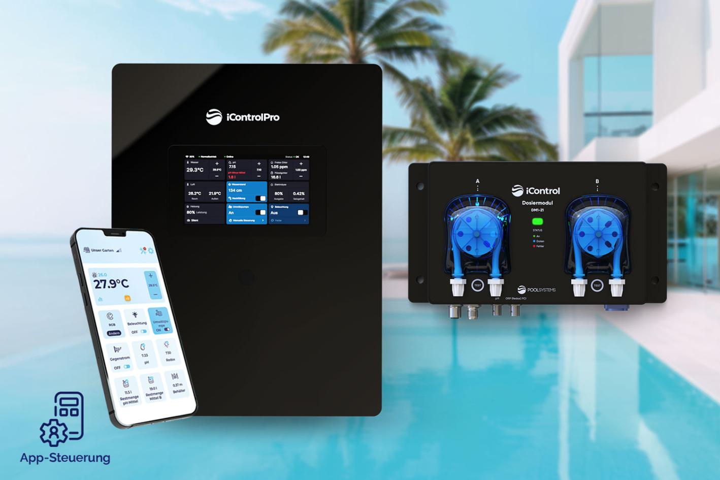 Pool-Technikwand iControlPro Chlor | intelligente Poolsteuerung mit Chlordosierung, Sandfilteranlage und optionaler Gegenstromanlage Pool-Technikwand iControlPro Chlor Plus - mit Gegenstromanlage