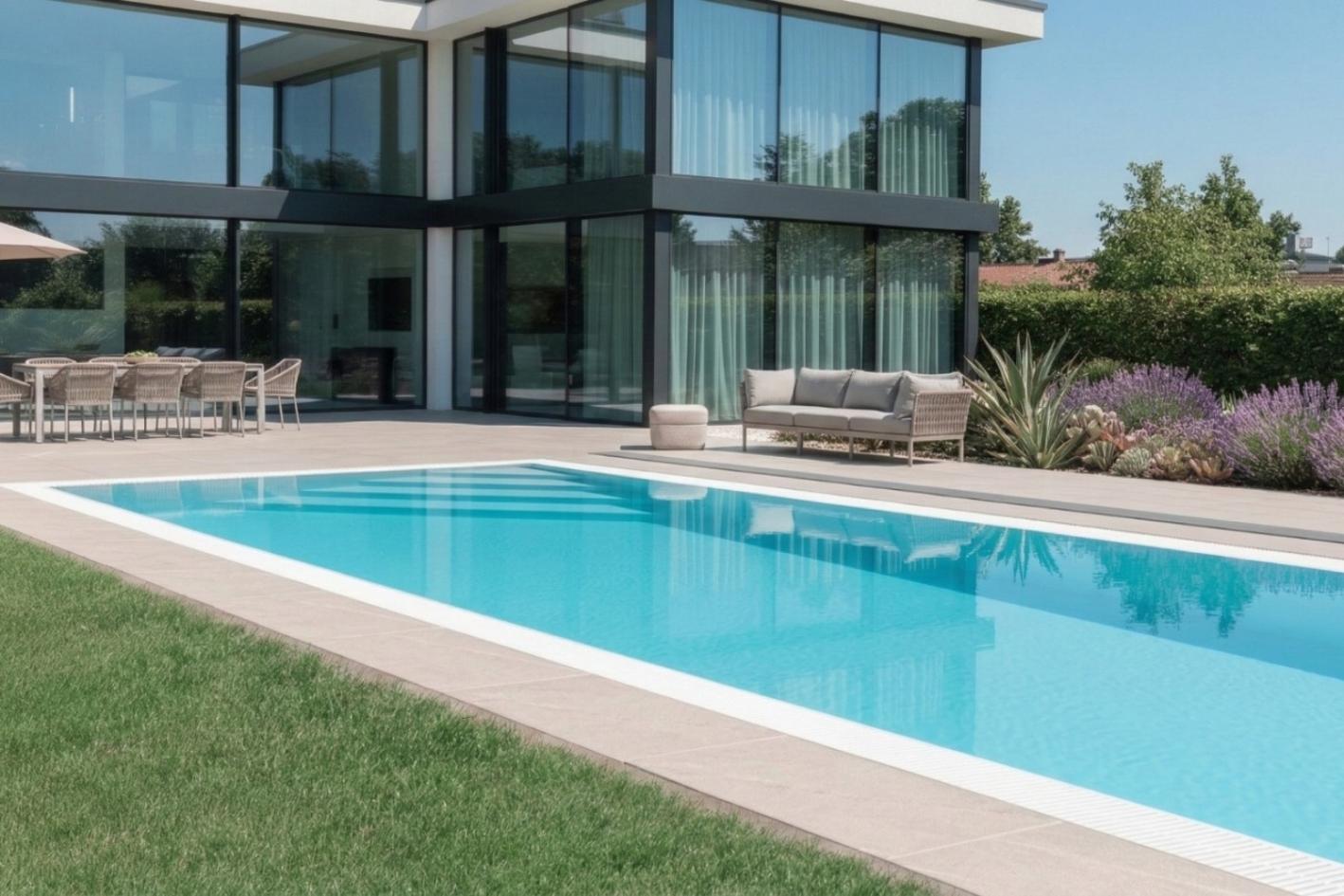 Pool Komplettset Infinity® ONE mit Überlauf-Fertigpool und optional elektrischem Rolladen / Poolabdeckung