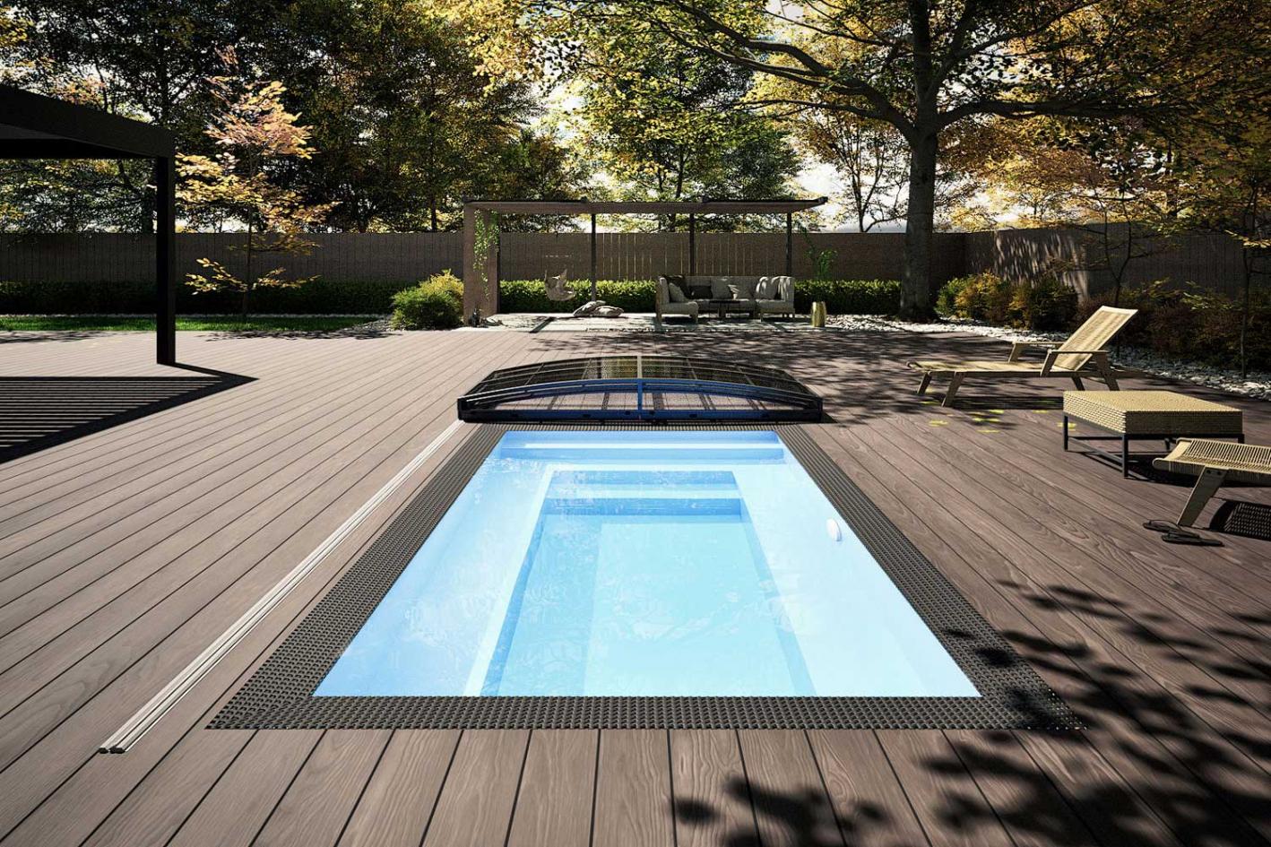 Mini Pool Infinity® Bay 3,0 x 3,0m - quadratischer Überlauf Loungepool mit optionaler Poolüberdachung / elektrischem Rollo