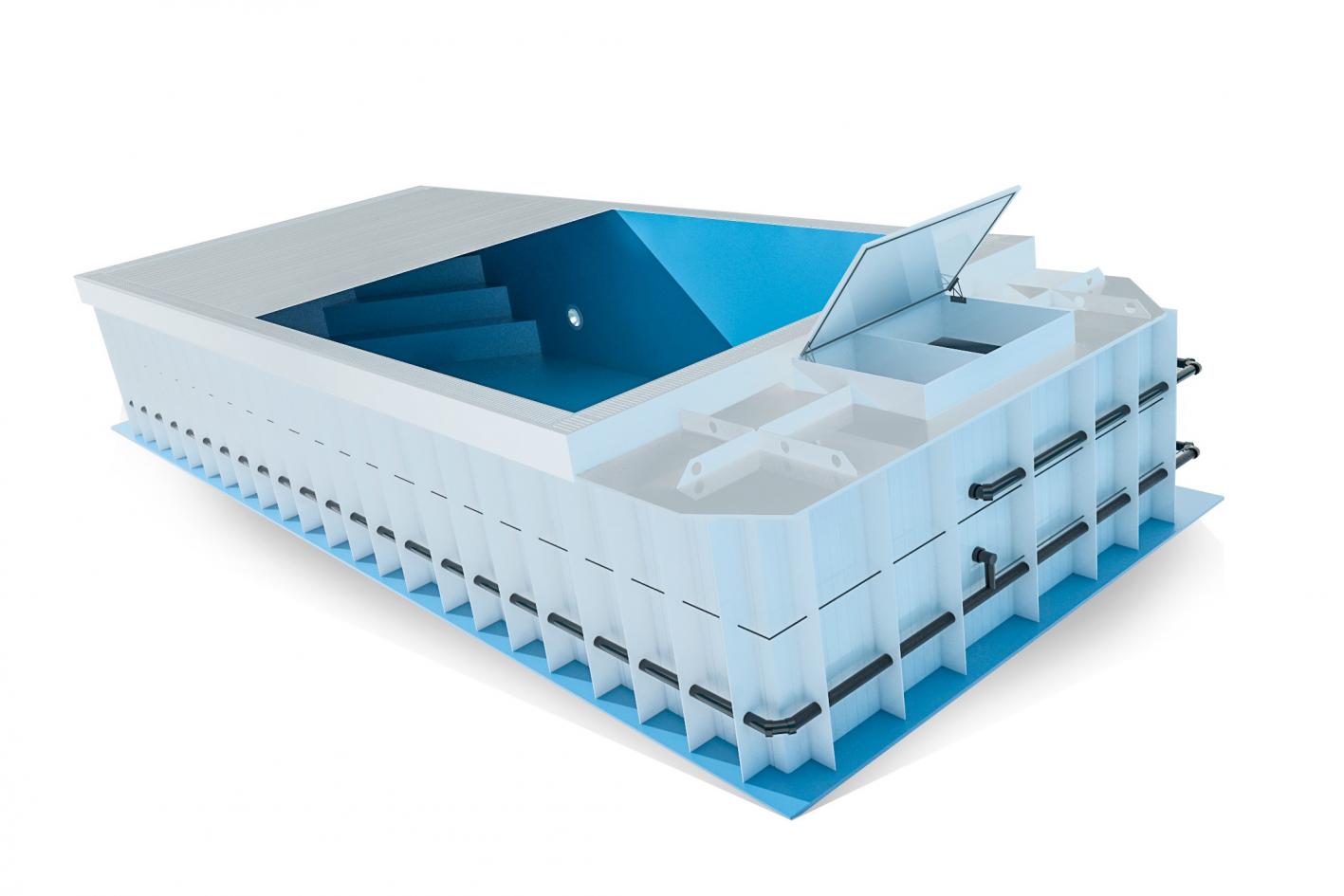 Pool Komplettset Infinity® ONE mit Überlauf-Fertigpool und optional elektrischem Rolladen / Poolabdeckung Poolgröße 3,6 x 8,0m | Unterflurrolladen