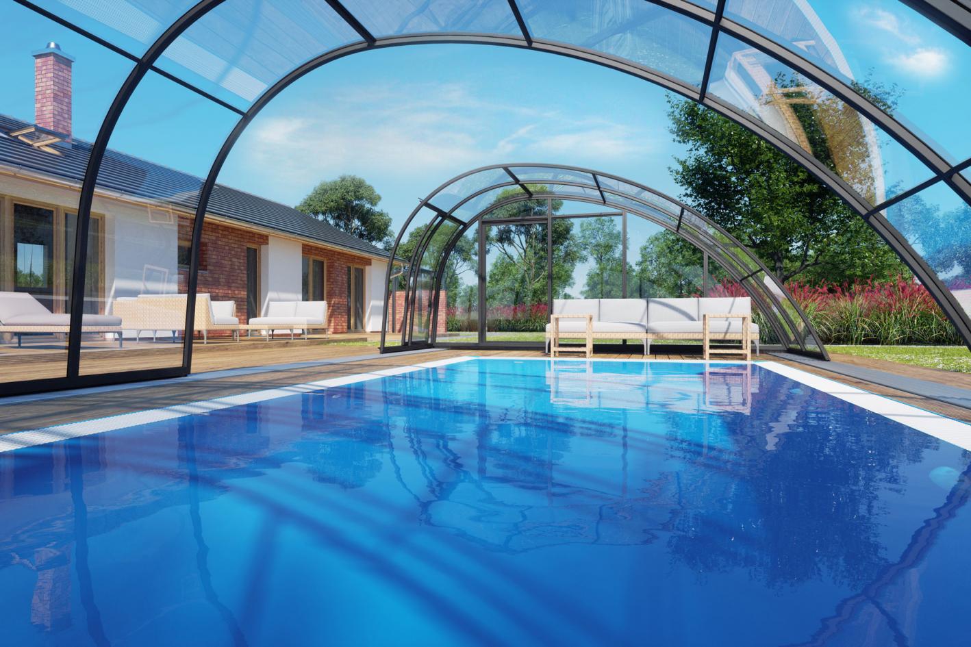 Poolhalle / Schwimmbadhalle SkyCover® Vision Poolhalle Vision 4.5x8.5m | Premium-Verglasung: Klarglasoptik