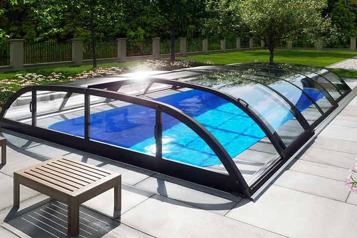 Pool Komplettset Premium ONE® mit Skimmer-Fertigpool und optional elektrischem Rollo / Poolabdeckung Poolgröße 3,0 x 6,0m | Überdachung Harmony Clear 3.7x6.3m
