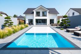 Pool Komplettset Infinity® ONE mit Überlauf-Fertigpool und optional elektrischem Rolladen / Poolabdeckung Poolgröße 3,2 x 10,0m | Unterflurrolladen