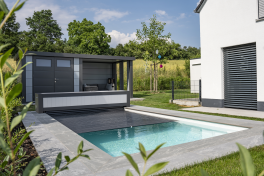 Edelstahlpool Komplettset Eternity® mit Skimmer-Fertigpool und optional elektrischem Rollo / Poolabdeckung  Poolgröße 3,5 x 8,0m | Oberflurrolladen - Geschlossen