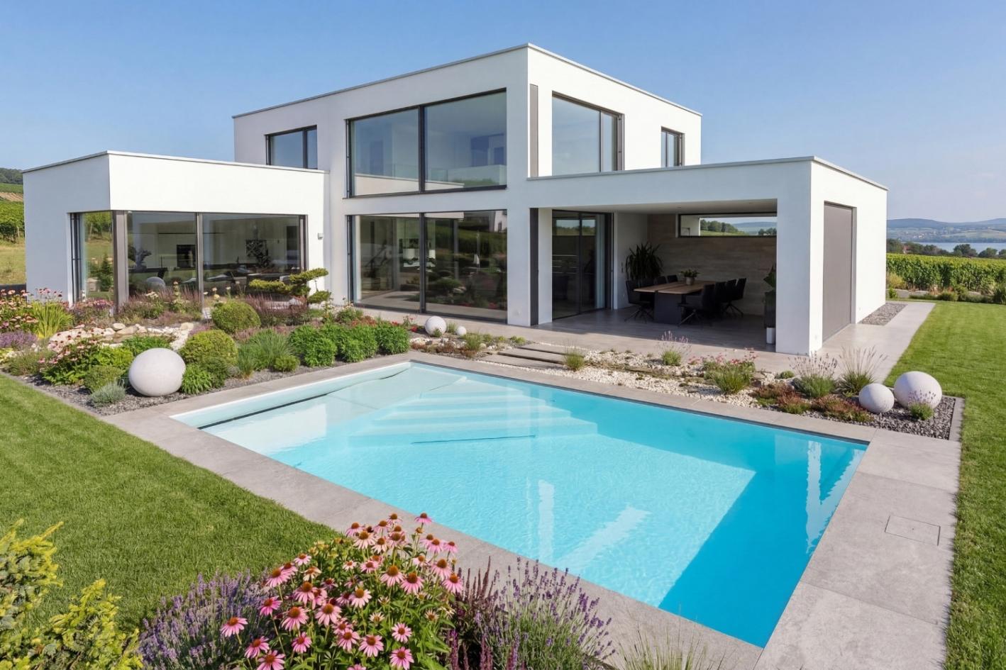 Pool Komplettset Premium ONE® mit Skimmer-Fertigpool und optional elektrischem Rollo / Poolabdeckung Poolgröße 3,7 x 8,0m | ohne Abdeckung