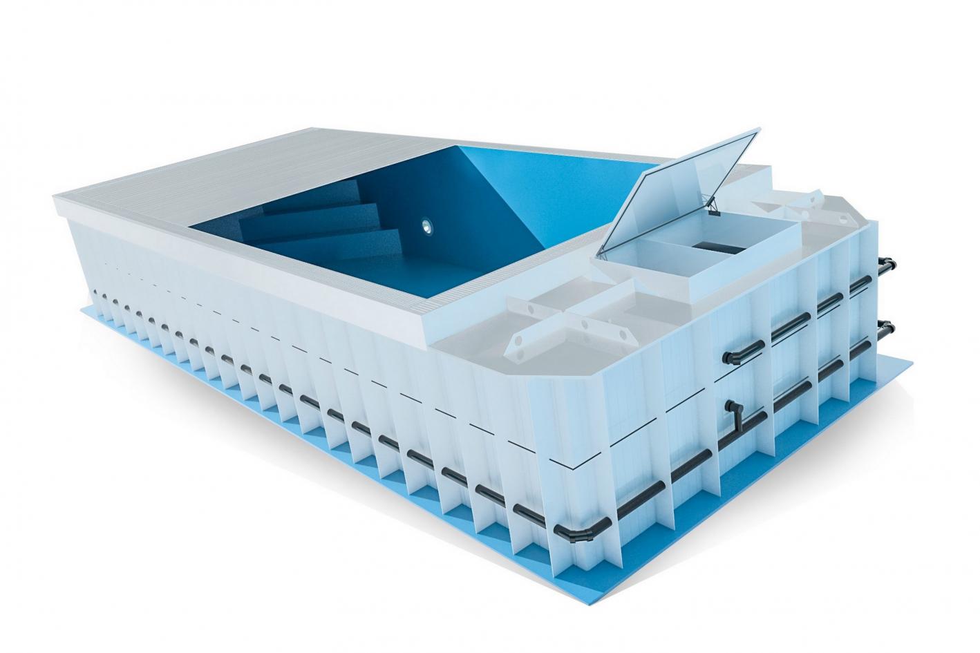 Pool Komplettset Infinity® ONE mit Überlauf-Fertigpool und optional elektrischem Rolladen / Poolabdeckung Poolgröße 3,2 x 7,0m | Unterflurrolladen als Sitzbank