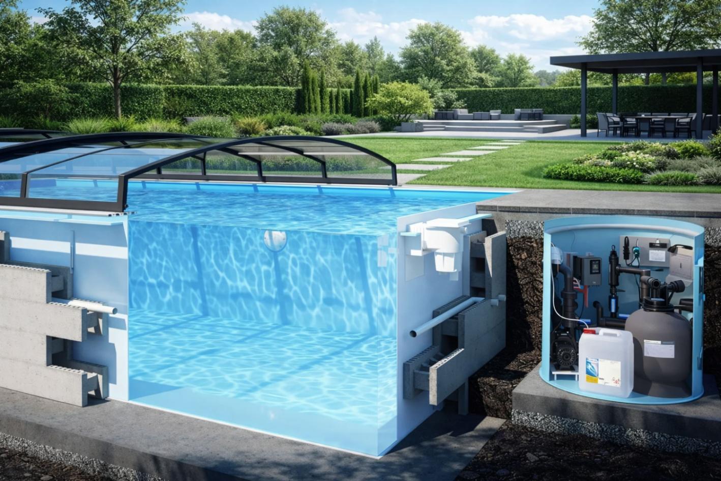 Pool Komplettset Bay mit Skimmer-Schwimmbecken und optionaler Poolüberdachung / elektrischem Rollo