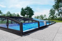 Pool Komplettset Infinity® ONE mit Überlauf-Fertigpool und optional elektrischem Rolladen / Poolabdeckung  Poolgröße 3,0 x 6,0m | Überdachung Liberty 3.5x6.3m