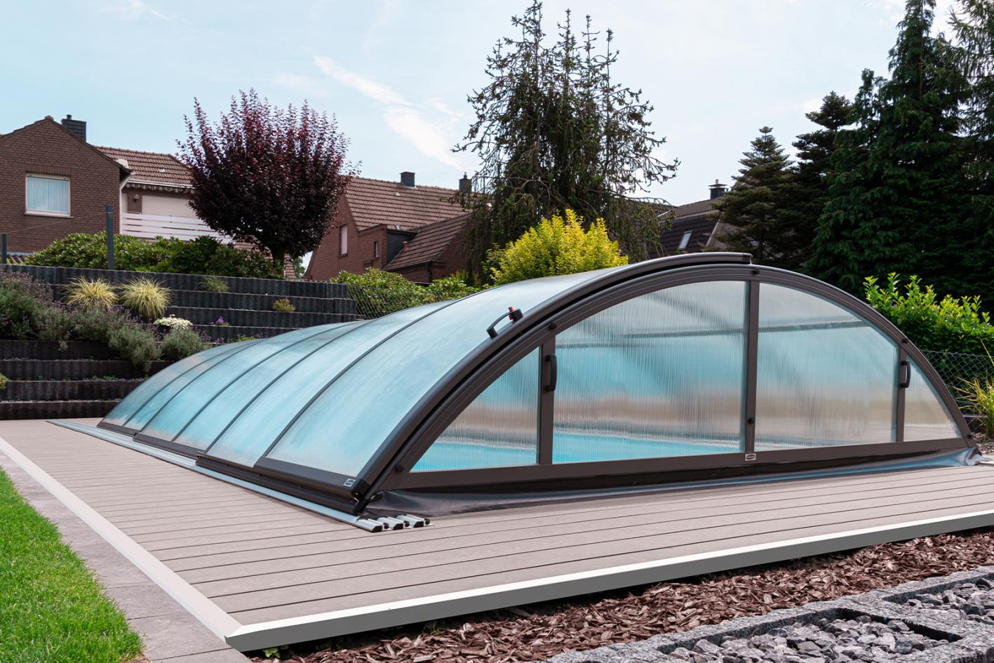 Keramik Pool Komplettset Cera Bay Oasis mit Skimmer Pool Poolgröße 4,0 x 8m | Überdachung Base 4.2x8.5m