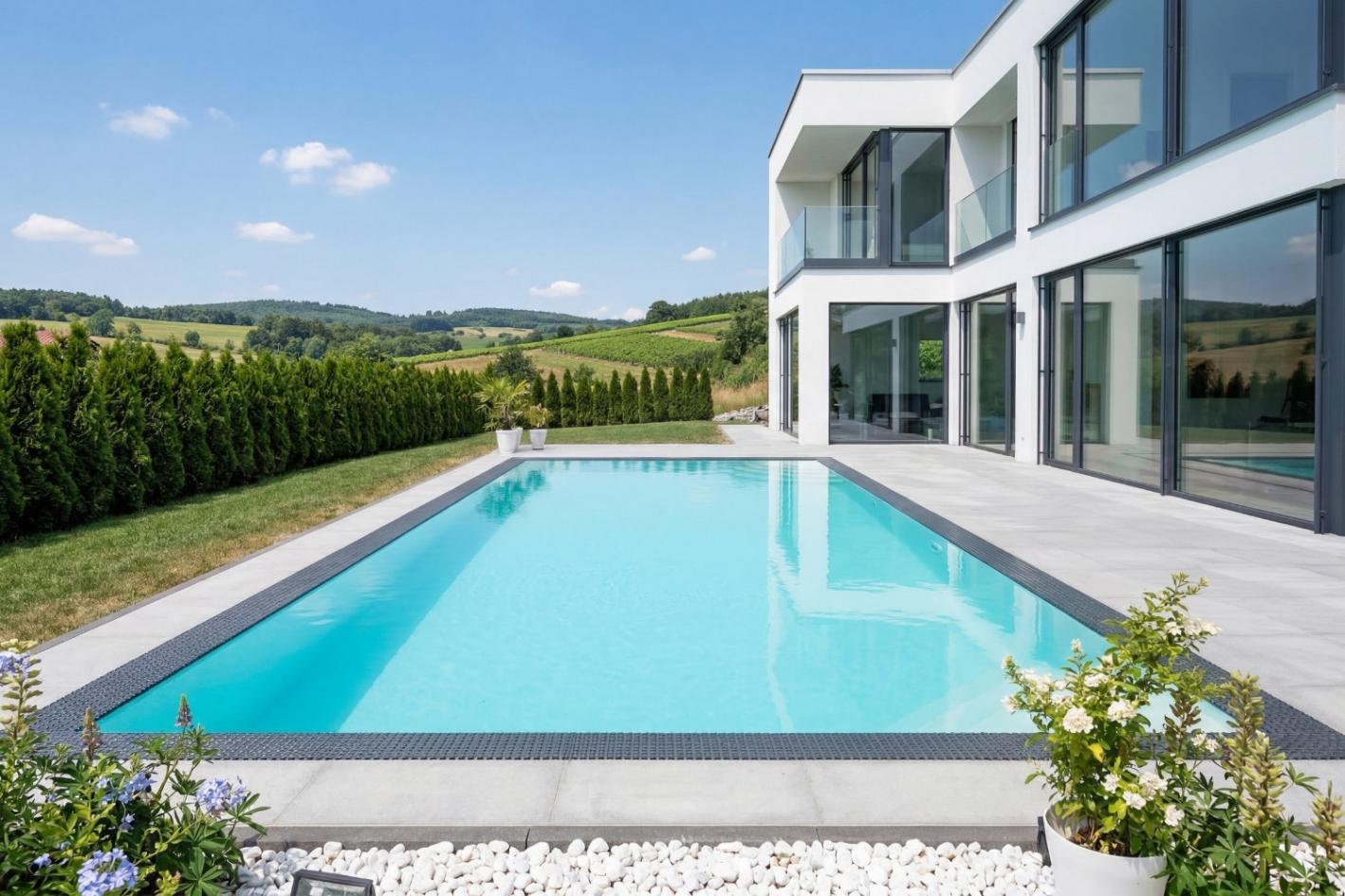 Pool Komplettset Infinity® ONE mit Überlauf-Fertigpool und optional elektrischem Rolladen / Poolabdeckung