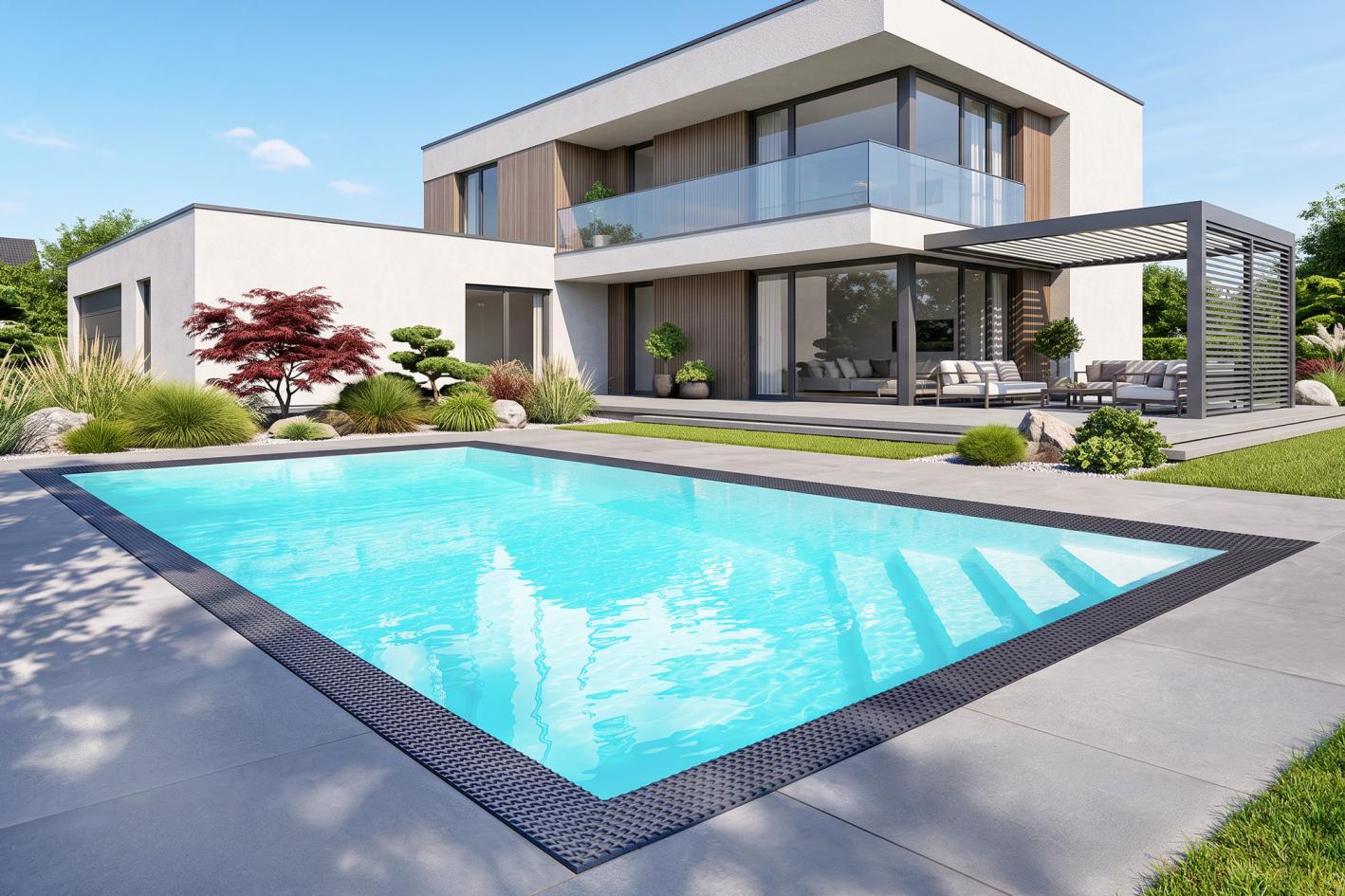 Pool Komplettset Infinity® Bay mit Überlauf-Schwimmbecken und optionaler Poolüberdachung / elektrischem Rollo