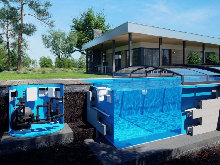 Pool Komplettset Bay mit Skimmer-Schwimmbecken und optionaler Poolüberdachung / elektrischem Rollo Poolgröße 3,0 x 7,0m | ohne Abdeckung