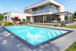 Pool Komplettset Infinity® Bay mit Überlauf-Schwimmbecken und optionaler Poolüberdachung / elektrischem Rollo