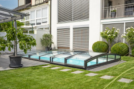 Keramik Pool Komplettset Cera Bay Oasis mit Skimmer Pool  Poolgröße 3,6 x 8m | Überdachung Liberty 4.5x8.5m