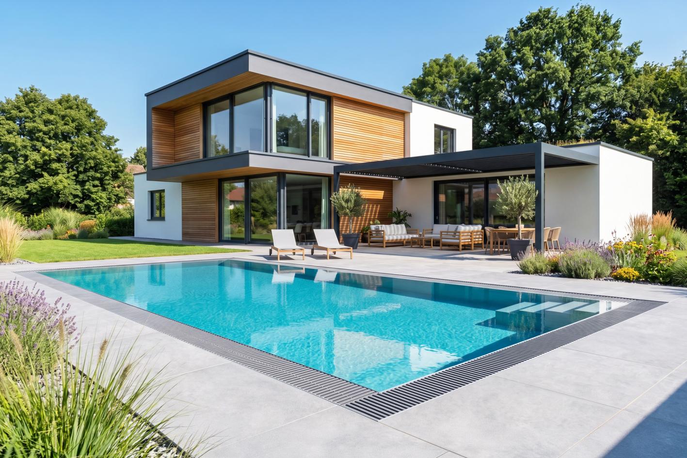 Pool Komplettset Infinity® ONE mit Überlauf-Fertigpool und optional elektrischem Rolladen / Poolabdeckung