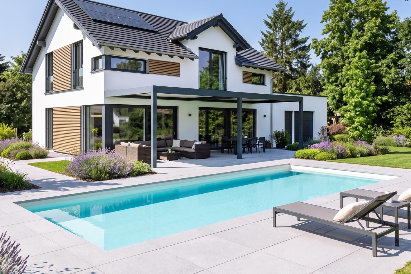 Pool Komplettset Bay mit Skimmer-Schwimmbecken und optionaler Poolüberdachung / elektrischem Rollo