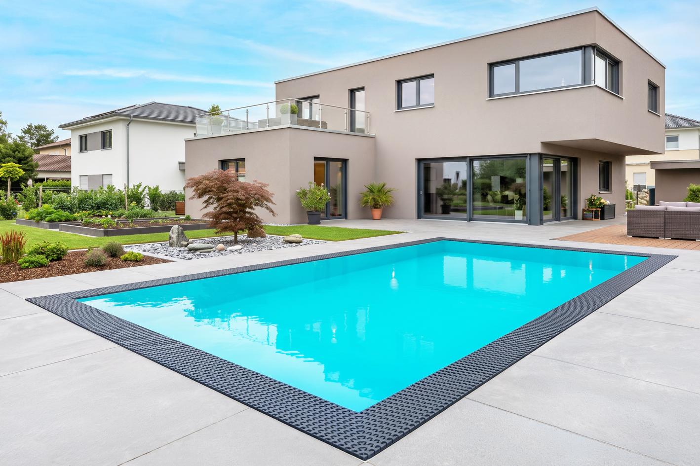 Pool Komplettset Infinity® Bay mit Überlauf-Schwimmbecken und optionaler Poolüberdachung / elektrischem Rollo